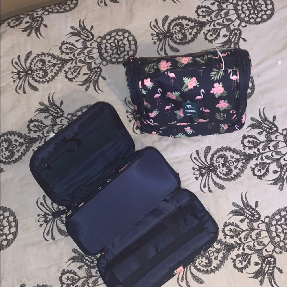 Navy & Flamingo Print Travel and Cosmetic Bag!